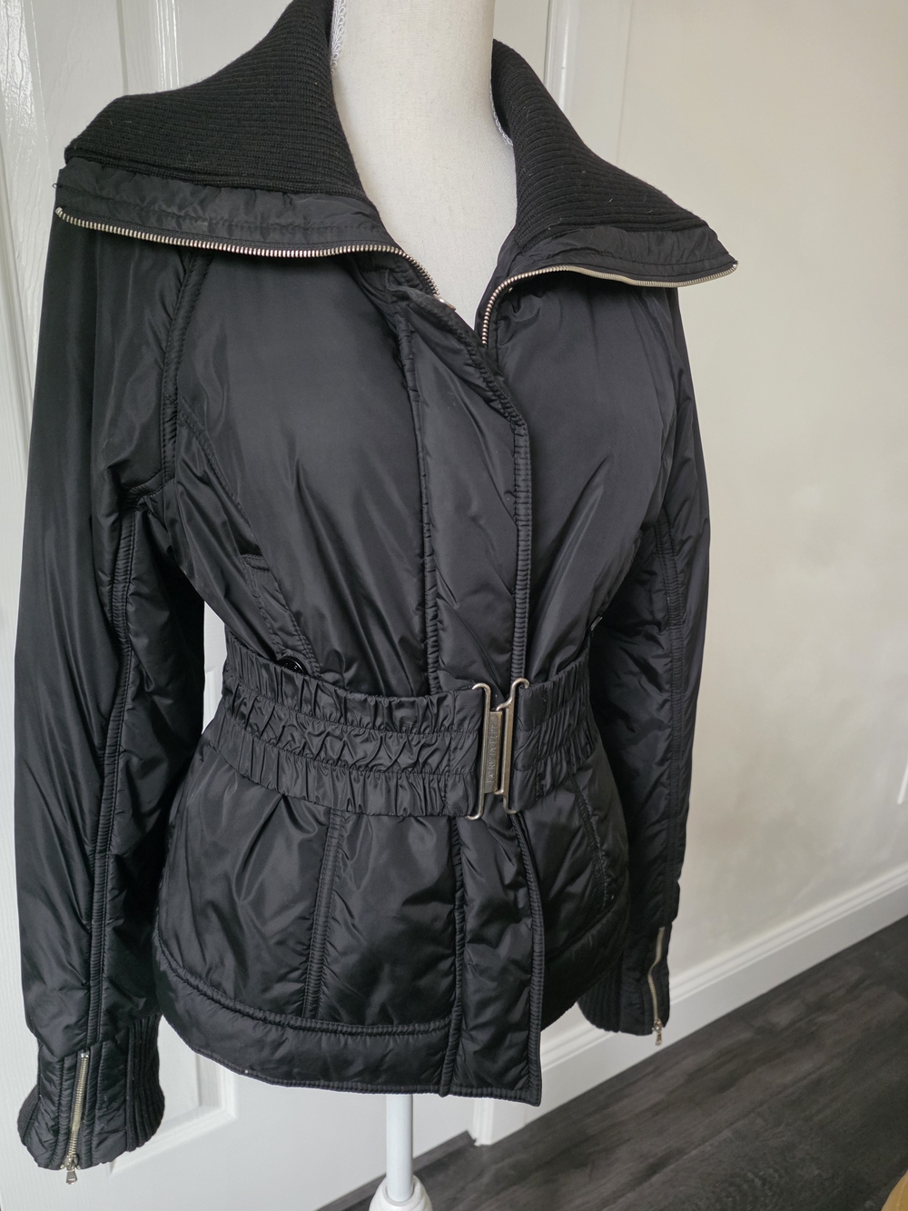 Black Belted Quilted Puffer Jacket with High Ribbed Collar